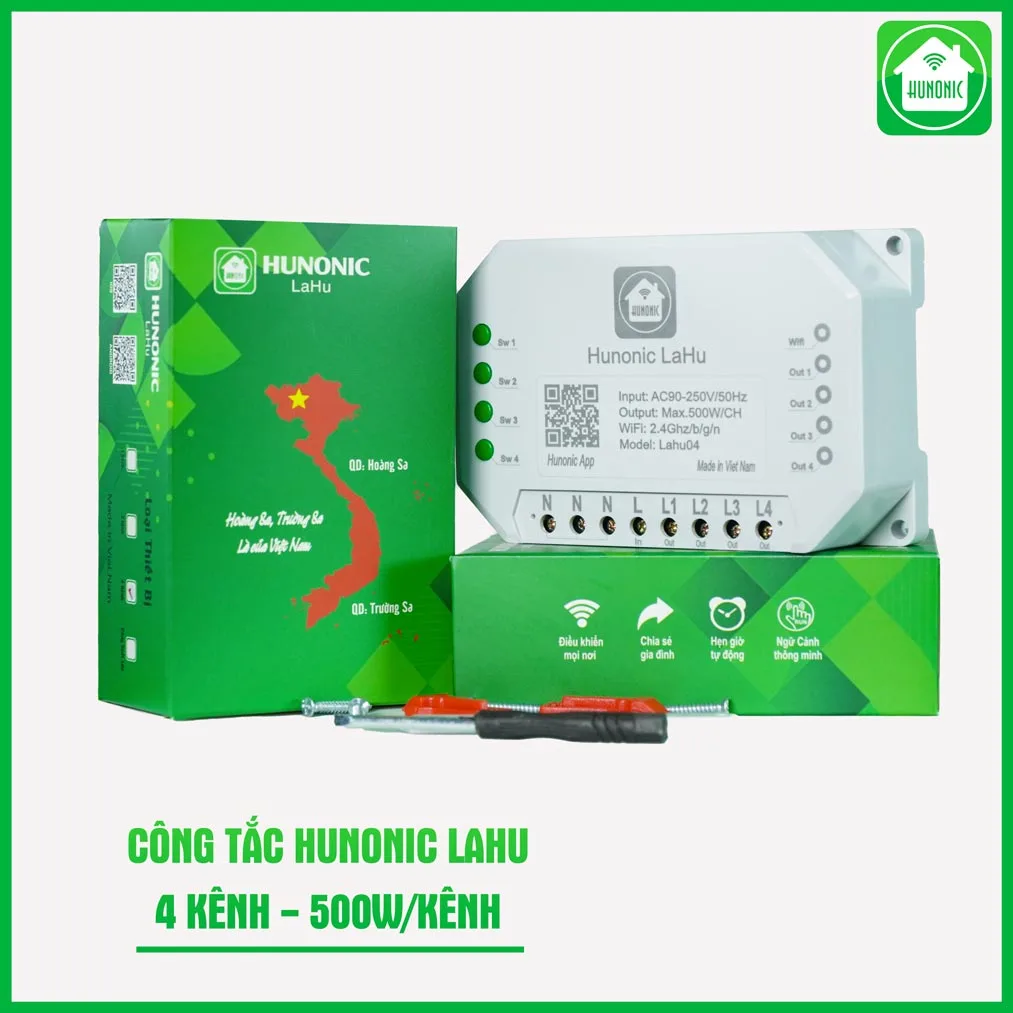 Bộ Điều Khiển 4 Thiết Bị Từ Xa Qua App Wifi Hunonic LAHU04