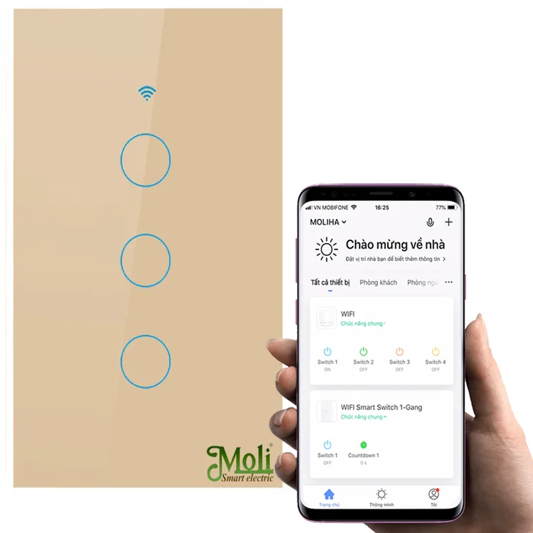 Công Tắc Cảm Ứng Điều Khiển Qua Wifi Cho 3 Thiết Bị ML-WF3