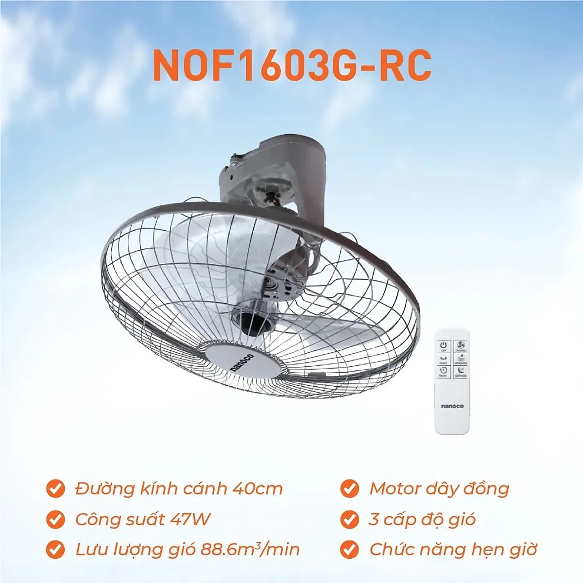 Quạt Trần Đảo Có Remote Từ Xa Nanoco NOF1603G-RC