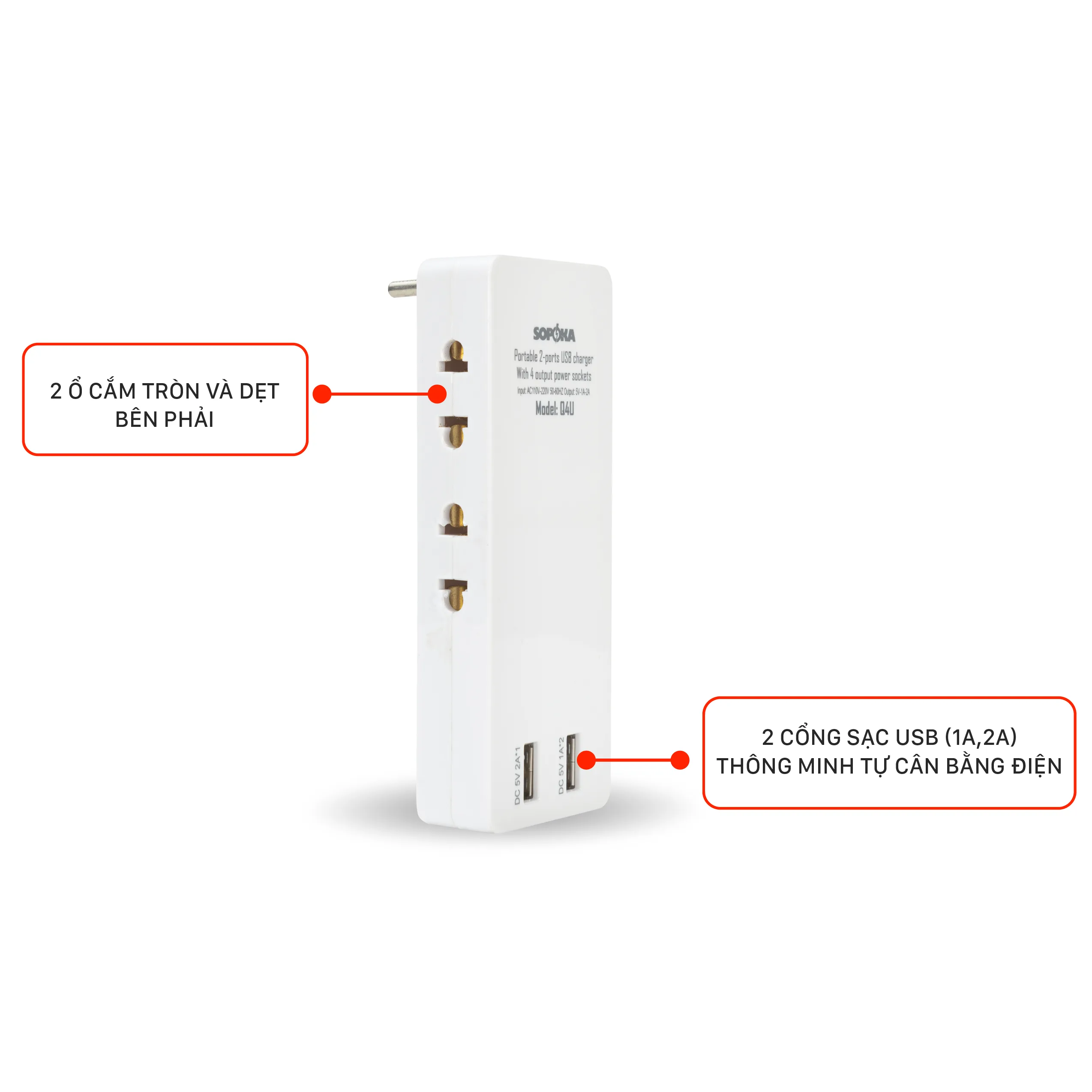 Ổ Cắm Điện Tích Hợp 2 Cổng Xạc Điện Thoại Sopoka Q4U