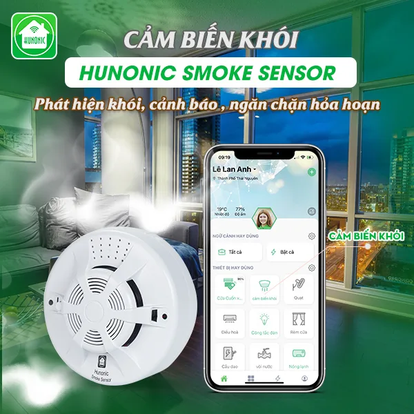 Cảm Biến Khói Báo Về Điện Thoại Qua App Wifi Smoker Sensor Hunonic HNSMKR