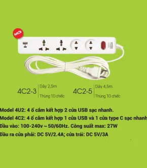4 Ổ Cắm Đa Năng Kết Hợp Xạc USB Và Type-C Sopoka 4C2-3