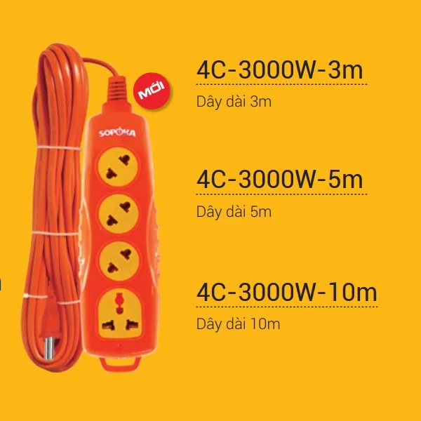 Ổ Cắm Siêu Tải Dây Dài 10m Sopoka 4C-3000W