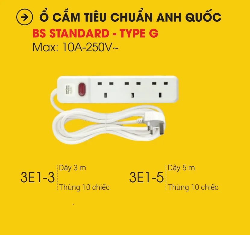 Ổ Cắm Điện Chuẩn Anh Quốc Type G 3E1-3